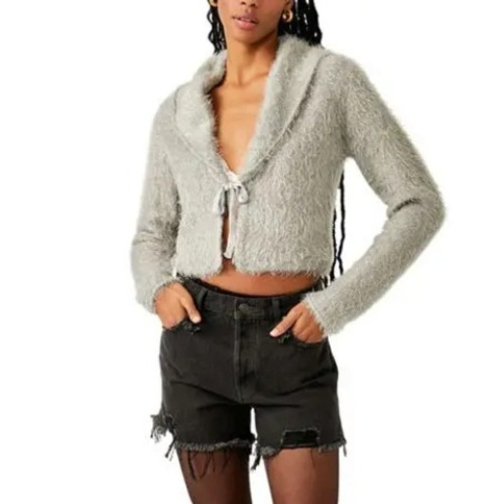 Free People Cardigan Women S Grey Sequin Eyelash Knit Tie Front Soft Casual